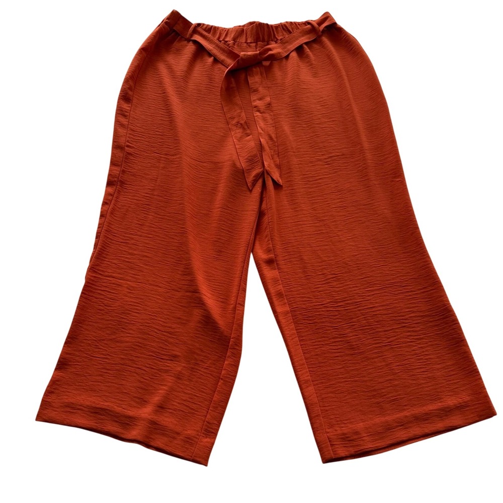 Ella Rafaella Women Orange Wide Leg Cropped Pants Tie Waist Textured Polyester L